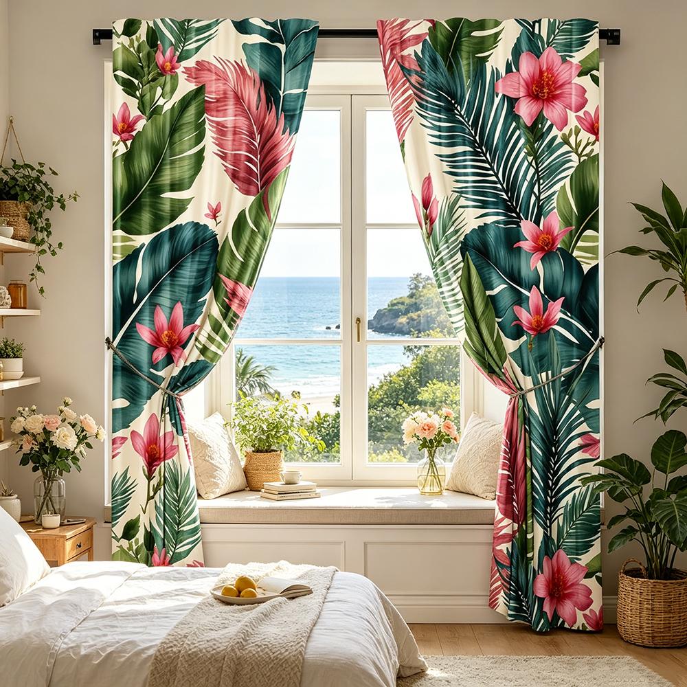 2PCS Digital Printed Curtains, Tropical Pink Flowers Pattern, Beautiful Window Drapes for Living Room Bedroom Home Decor