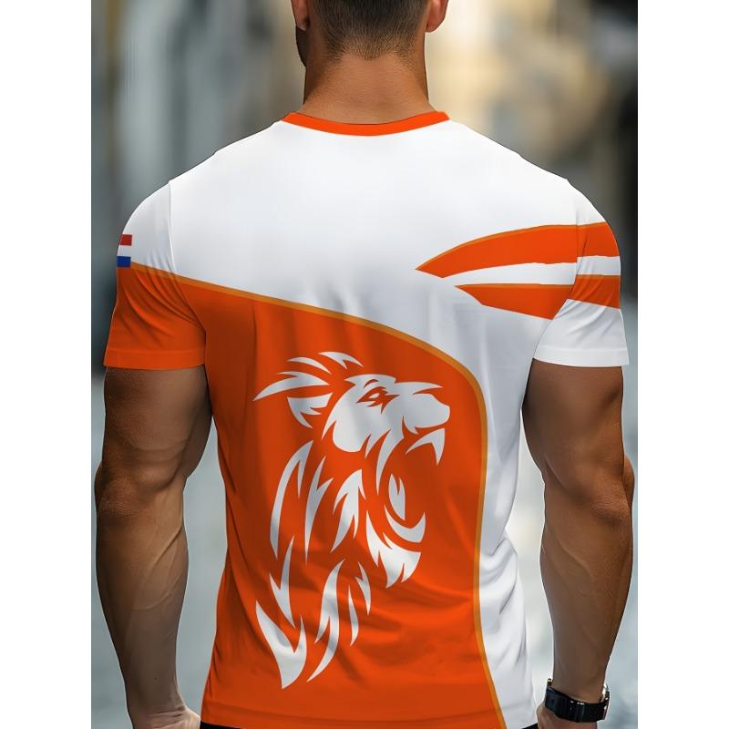 Herren T-Shirt mit Löwendruck und niederländischer Flagge, Orange & Weiß Colorblock, Kurzarm Rundhals, Lässiges Oberteil im Nationalmannschafts-Stil für Fußballfans