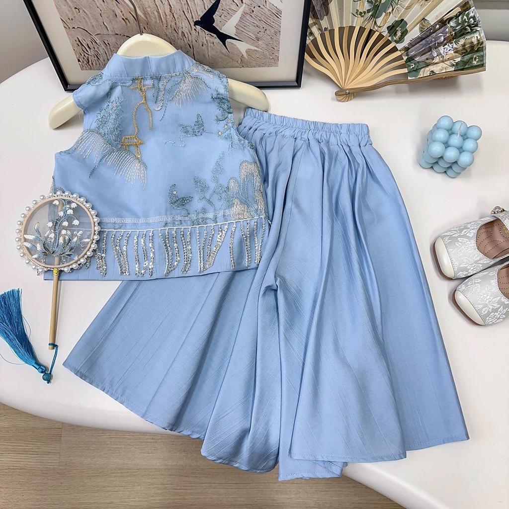 Girls' Summer Embroidered Tassel Vest & Long Pants Set