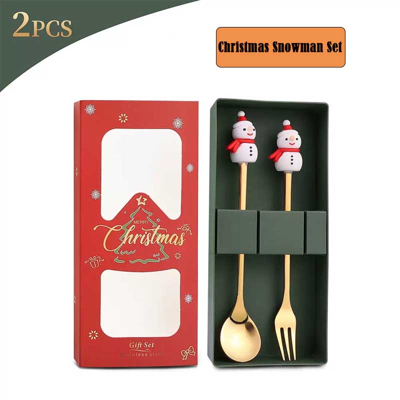 2PCS Stainless Steel Coffee Spoon Christmas Dessert Spoon Cake Fork Cartoon Christmas Tree Elk Spoon Fork Christmas Gift Box