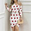 Women Plus Size Asymmetric Cold Shoulder Long Sleeve Polka Dot Red Heart Print Irregular Cut Bodycon Midi Dress