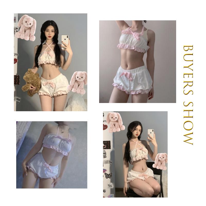 Halter Ruffles Women Kawaii Maid Outfit Sweet Sexy Sleepwear Lovely Cosplay Costumes Bandage Bow Lace Tops and Bloomers Set