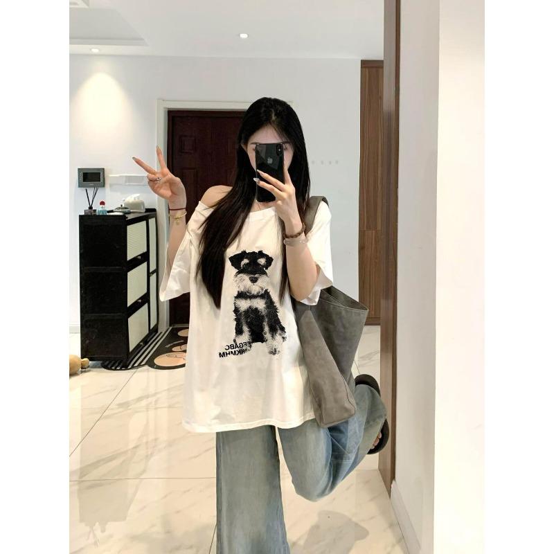 Summer Women Off Shoulder Dog Print Loose Casual White T Shirt S