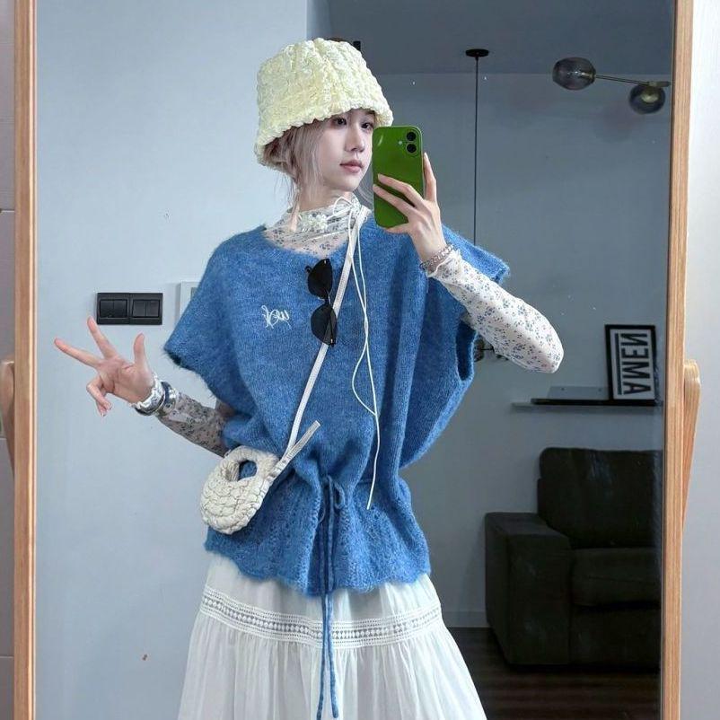 Women s Korean Style Spring/Autumn Outfit: Elegant Blue Knit Vest with Floral Skirt S for 40-50 kg