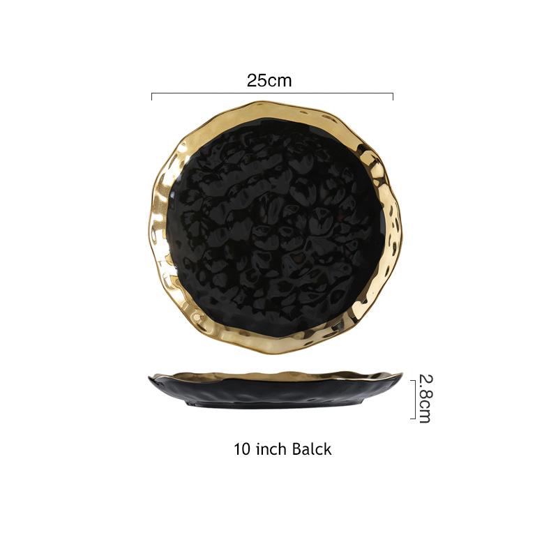 8/10 Inch Minimalist Dinner Plate Black White Ceramic Serving Plate with Gold-edge Pasta Steak Dishes Party Big Round Plate