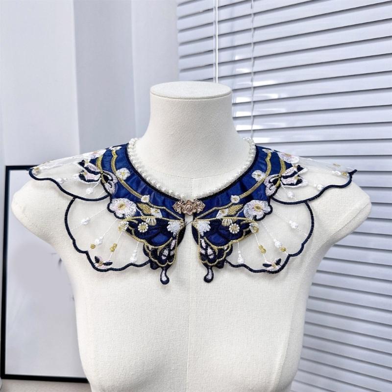 Hanfu Shawl False Collar Yunjian Embroidery Pearls Floral Detachable Collar Traditional Chinese Hanfu Accessories