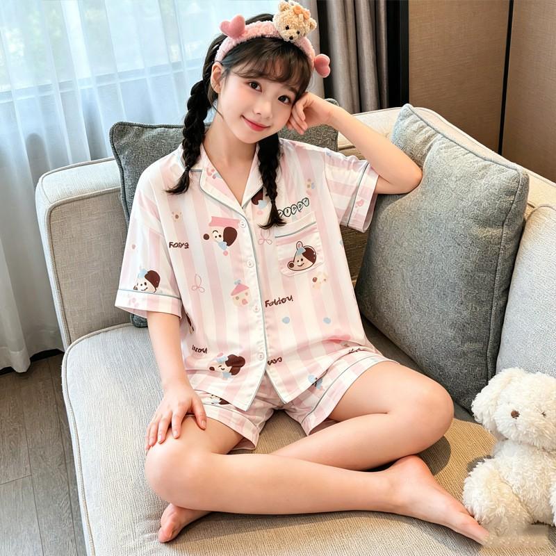 2026 Kids Ice Silk Pajamas Set Girls Cartoon Short Sleeve Shorts Sleepwear Lightweight Breathable Home Wear