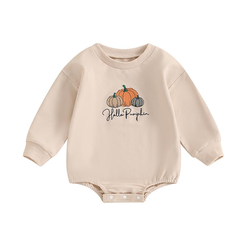 Newborn Baby Boys Girls Halloween Romper Long Sleeve Crewneck Letter Pumpkin Embroidered Casual Jumpsuit