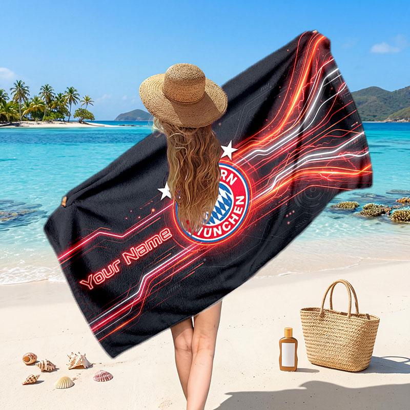 FC Bayern München Benutzerdefiniertes Strandtuch, Personalisierter Namens-Textdruck, Fußball-Logo Weiches Schnelltrocknendes Handtuch Urlaubsgeschenk