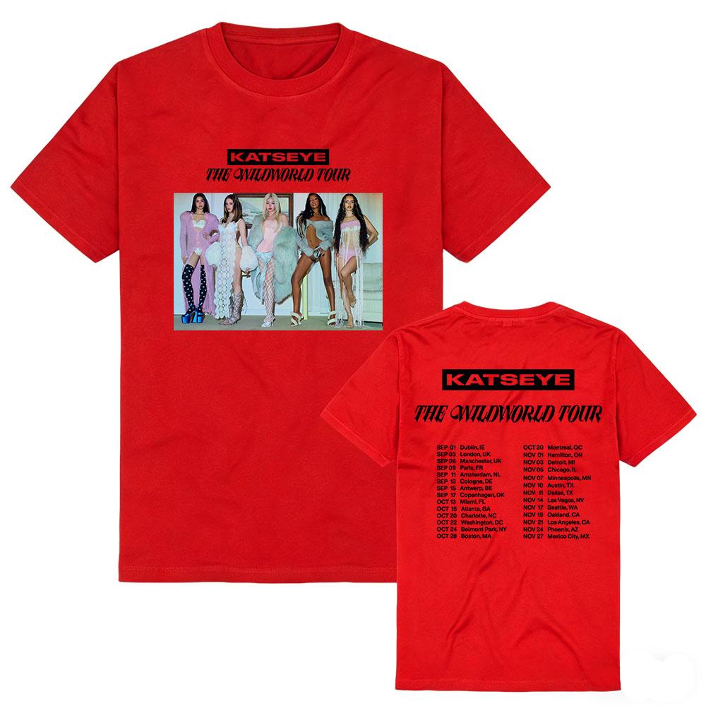 KATSEYE The WildWorld Tour 2026 T-Shirt Baumwolle Kurzarm Locker Damen T-Shirts Freizeit Sommer Design Grafik Merch T-Shirts Unisex L rot