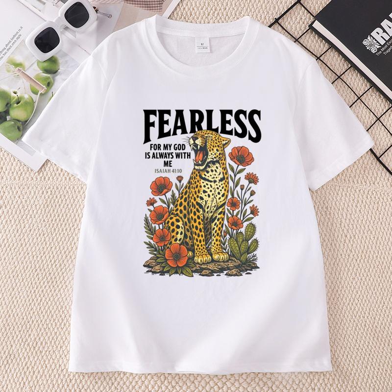 Fearless Leopard Graphic T Shirts Unisex Fearless for My God Is Always with Me TShirt Bible Verse Floral Religious Tee Shirt