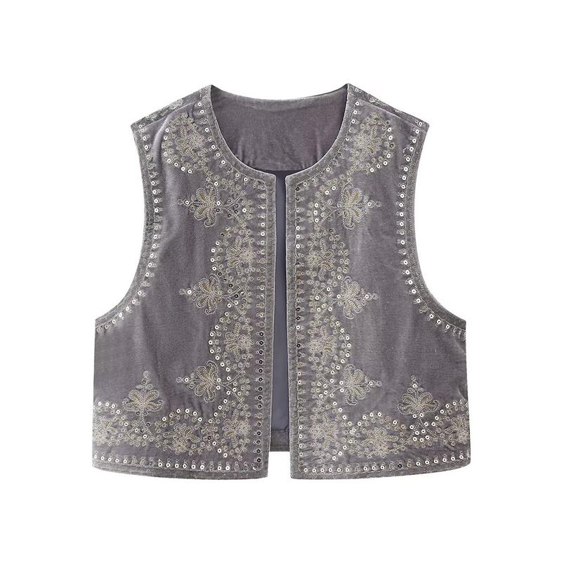 Sequin Embroidered Velvet Vest Tops Women Vintage Sleeveless O-Neck Black Vests 2023 Spring Causal Slim Street Lady Top