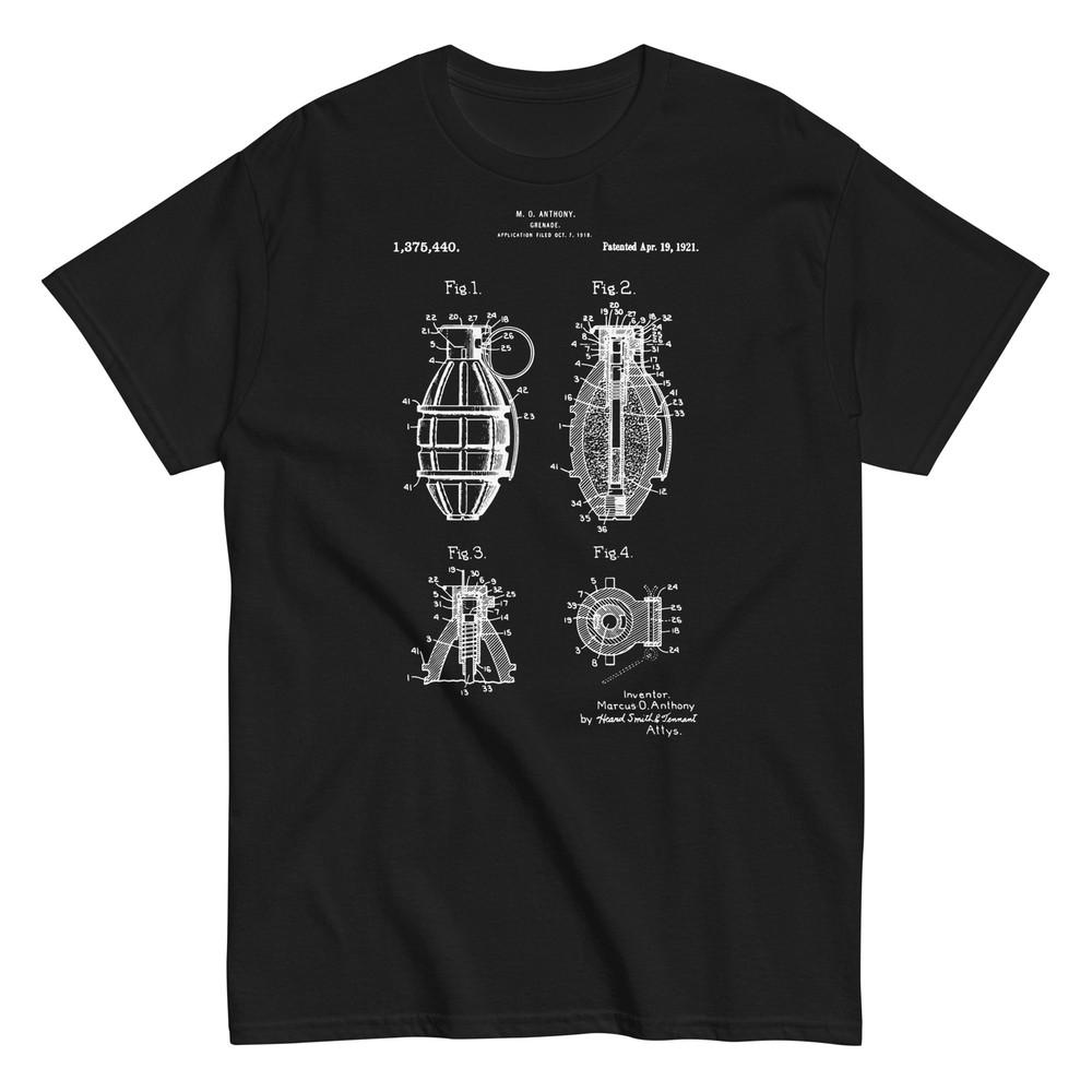 

1921 Hand Grenade Patent – Vintage Military Blueprint Art T-Shirt 4XL