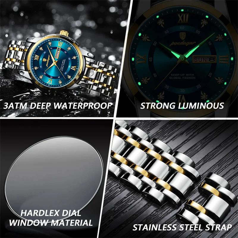 POEDAGAR Luxury Watch for Man Business Elegant Men Watch Date Week Waterproof Luminous Quartz Men's Watches Stainless Steel