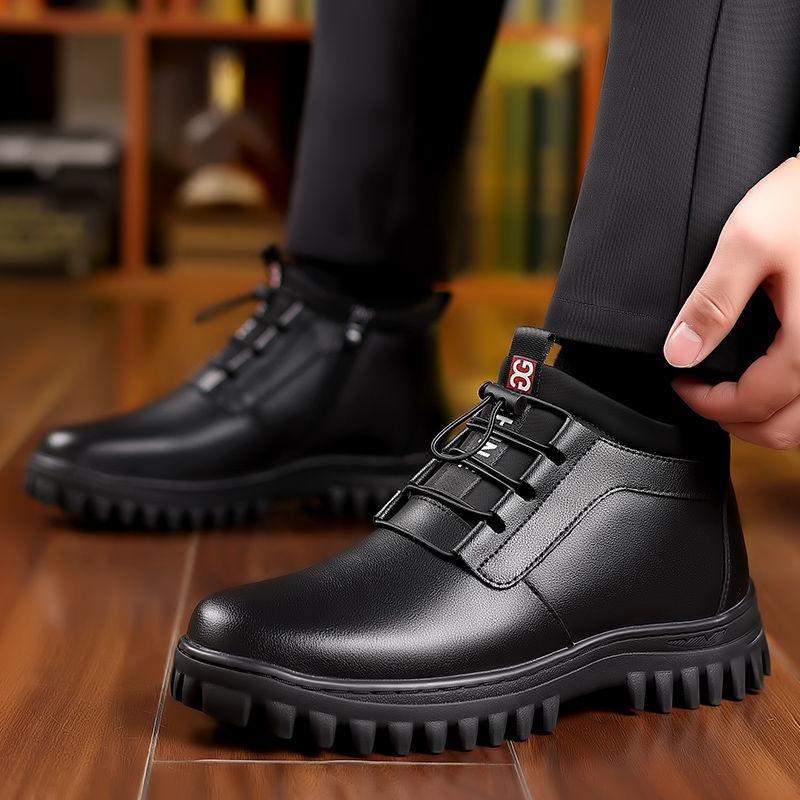 Men's cotton shoes, leather and wool integrated winter warm and velvet thickened high-top snow boots