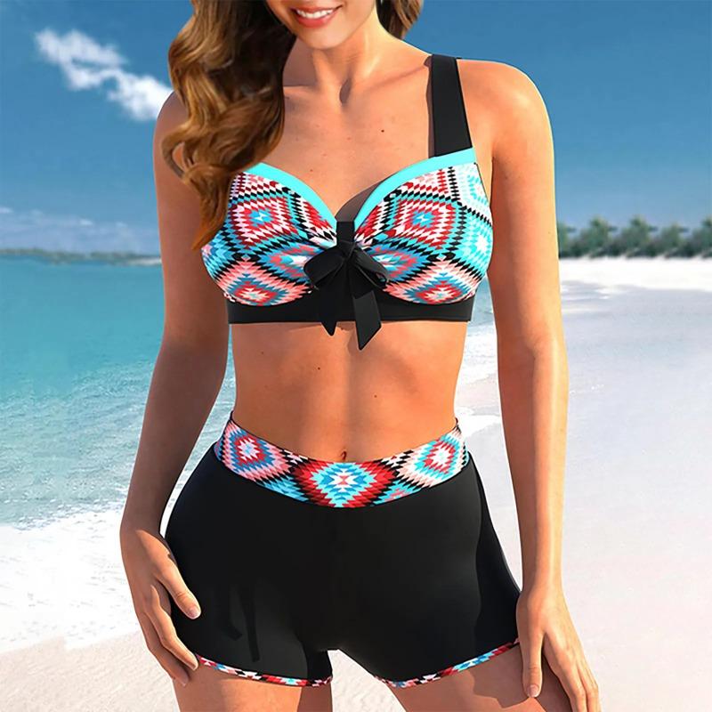 Two Piece Sexy Ladies Split High Waist Printed Bikini Female Fashion Vintage Swimwear with Bra Pads and No Steel Bra Swimsuit