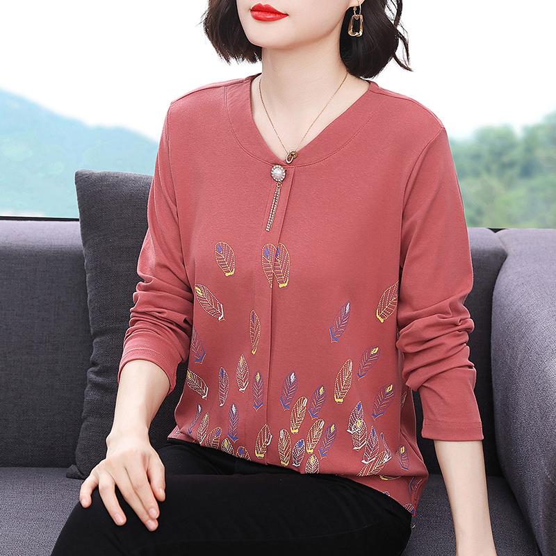 

Жіночий 4XL весняний новий маминий одяг Футболка з довгими рукавами Простий V-подібний виріз з принтом Вільний жіночий одяг для схуднення 4XL brick червоний колір