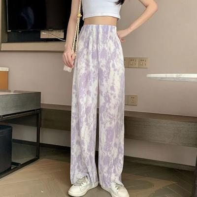 Korean Tie Dye Ice Silk Wide Leg Women's Summer New Spliced Elasticized High-waisted Straight Loose Hanging Casual Pants