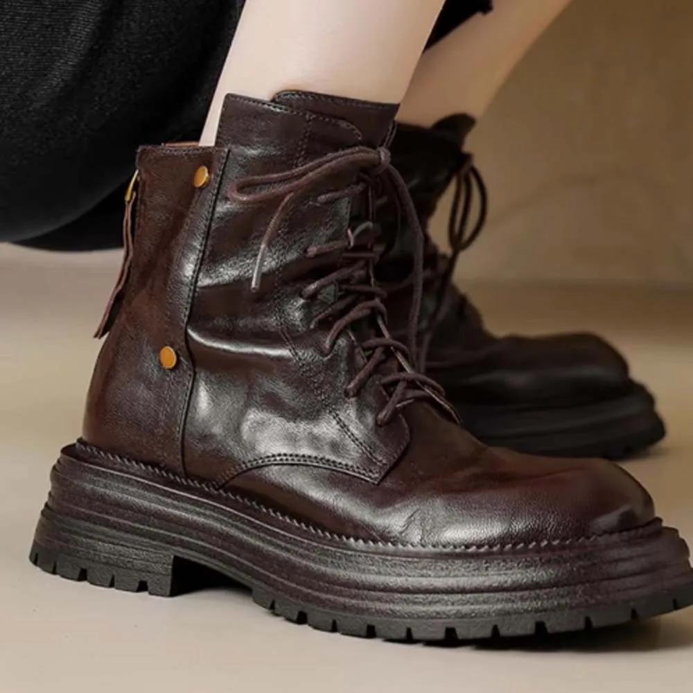 

Fashion 2025 New Lace up Women s Boots Spring Autumn Round Head Solid Color Middle Heel Waterproof Commuting British Boots 35 коричневый