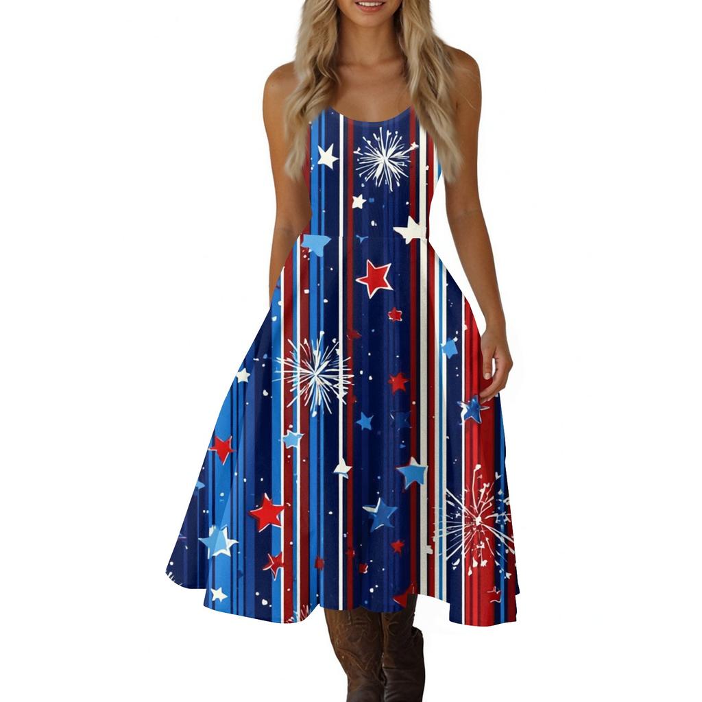 Women's Casual Fashion Independence Day Print V-Neck Retro Sleeveless Dress
