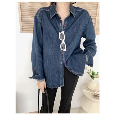 Lapel Embroidery Denim Shirt Jacket Women's Hong Kong Style Retro Slim Shirt