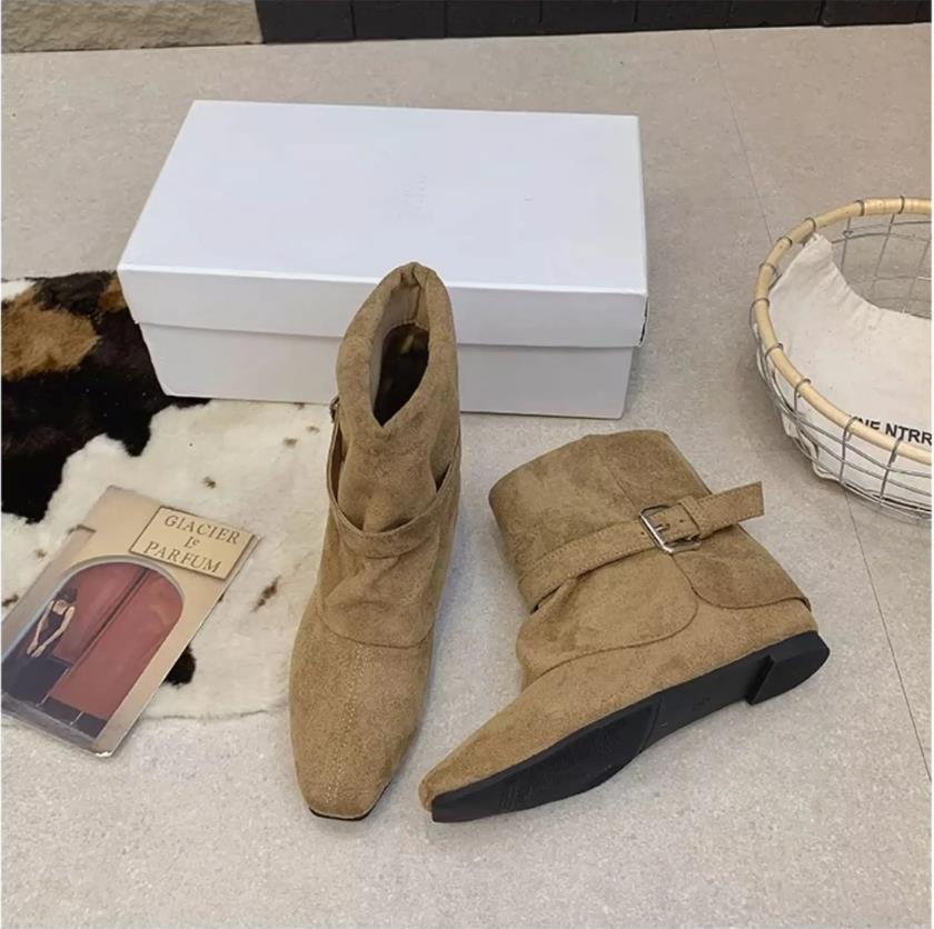 Pointed Inner Heightening Pile Boots Women's New Autumn Belt Buckle Short Boots Maillard Western Jeans Tube Boots