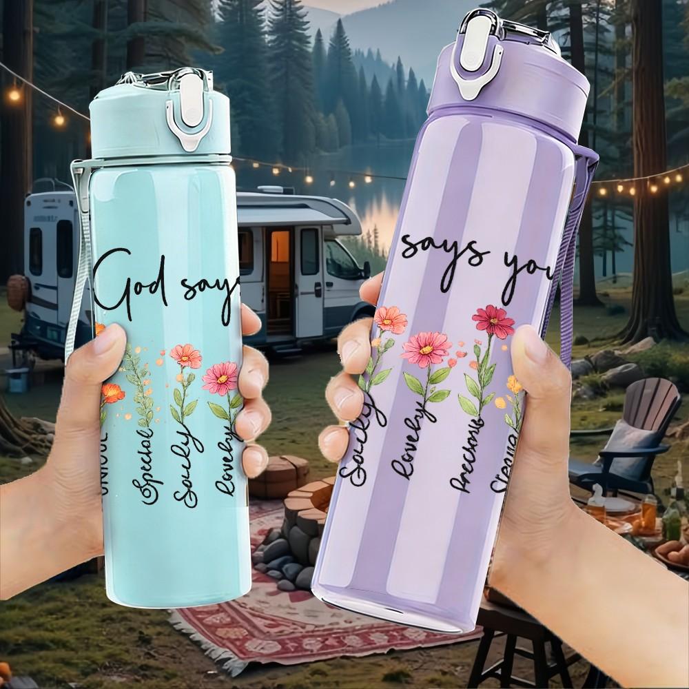 1PC God Help You Floral Quote Print 750ml Color Plastic Sports Water Bottle Leakproof Flip Straw Lid Suitable for Sports Office Home Use