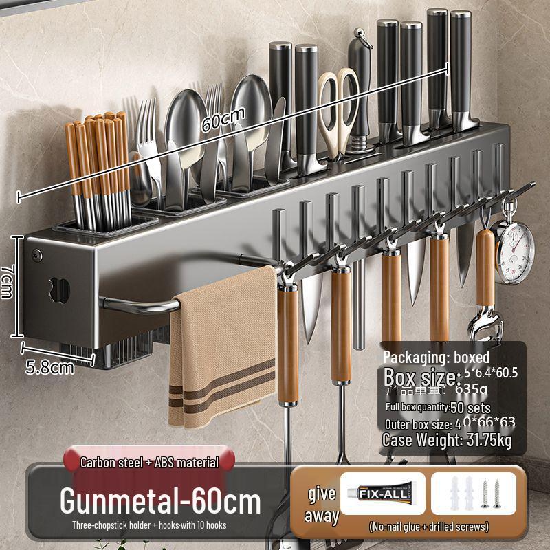 Suport de perete fără găuri pentru cuțite și ustensile cu suport pentru bețișoare