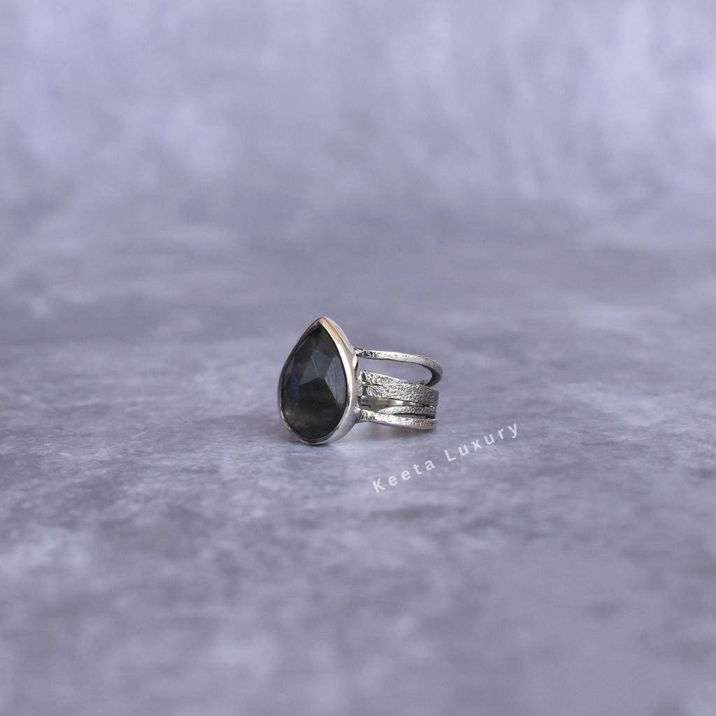 Natural Labradorite Ring Silver Oxidized Handmade Ring Teardrop Labradorite Ring Rose Cut Gemstone Ring Statement Ring Unique Gifts