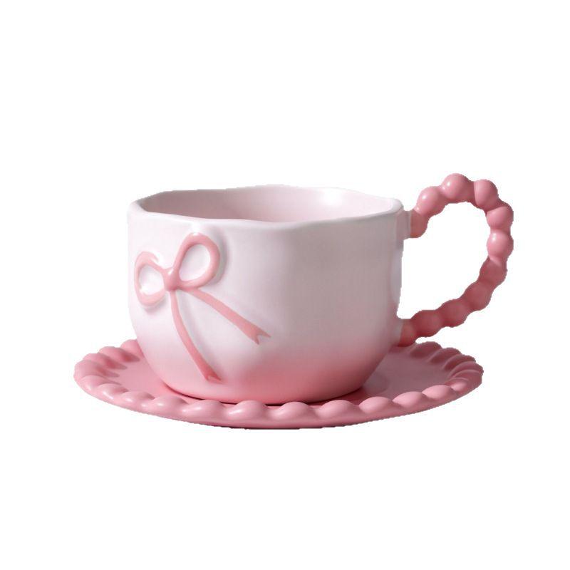 Underglaze Color Hand Painted High Value Bow Ceramic Coffee Cup and Saucer Couple Gift Cup and Saucer