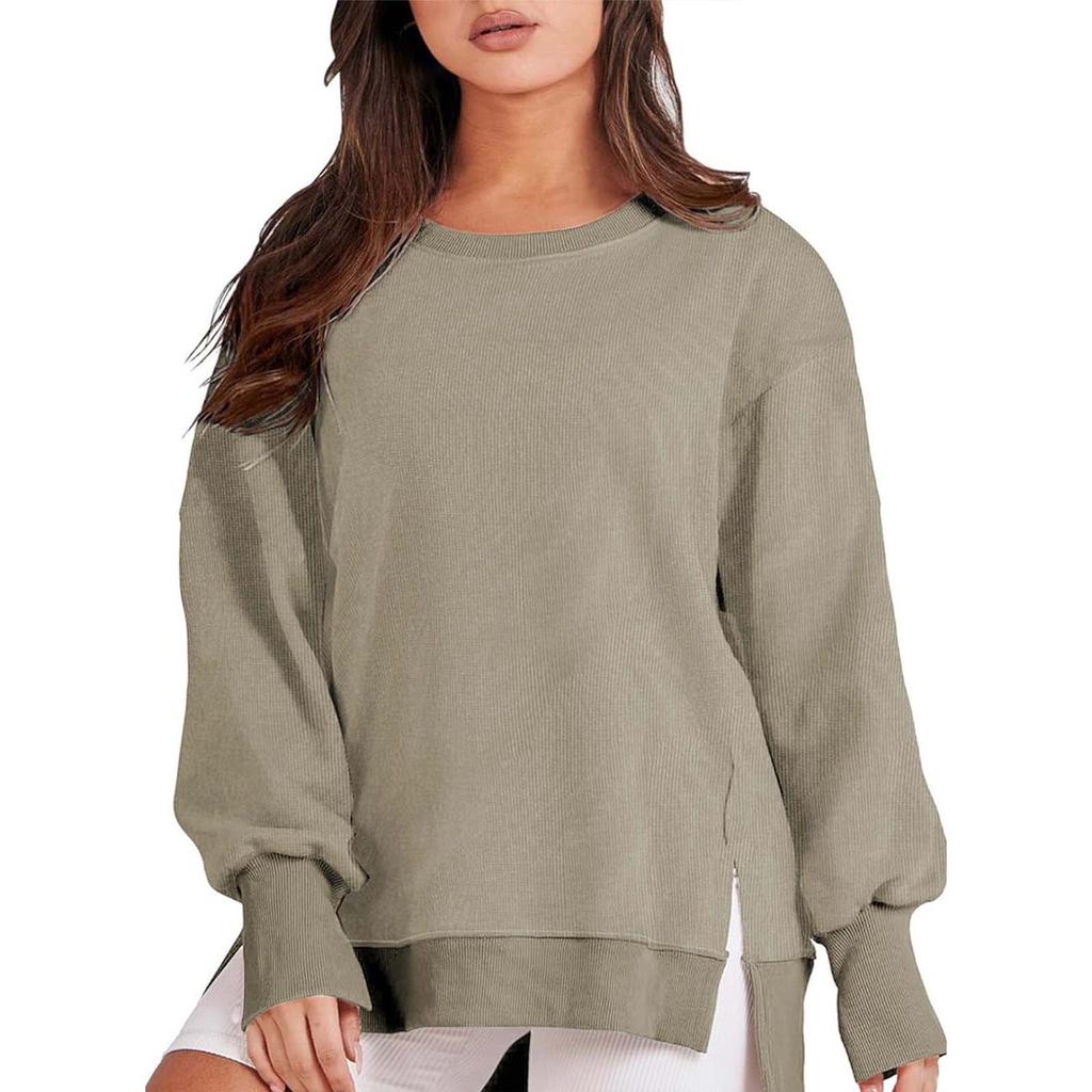 Damen Oversized Rundhals Sweatshirts Langarm Farbblock T-Shirts Casual Tops