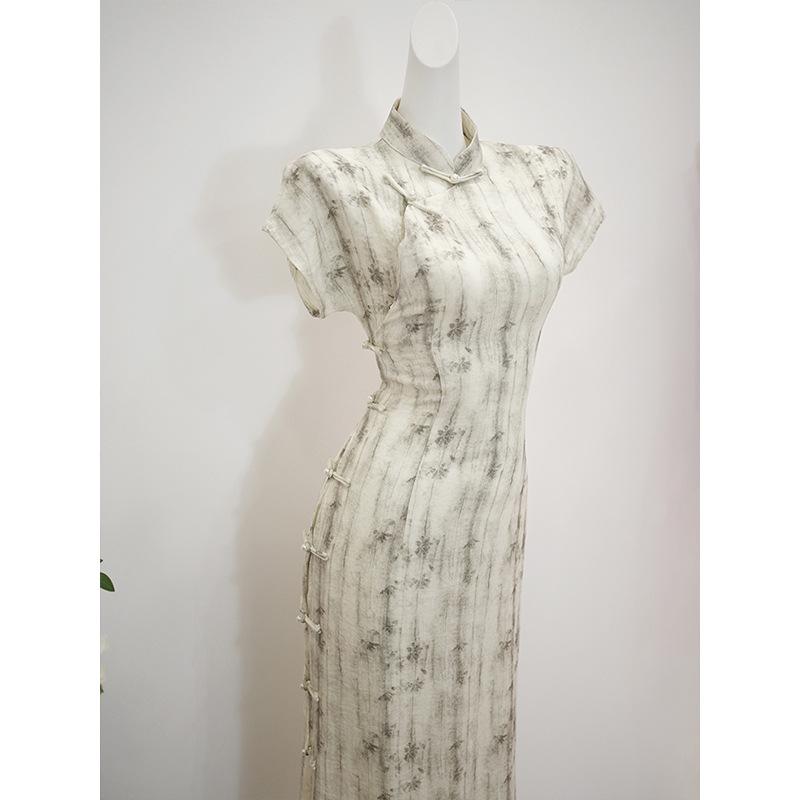 Luo Shibo 1011 new cheongsam light smoke color floral simple and elegant daily literary retro advanced sense new Chinese summer