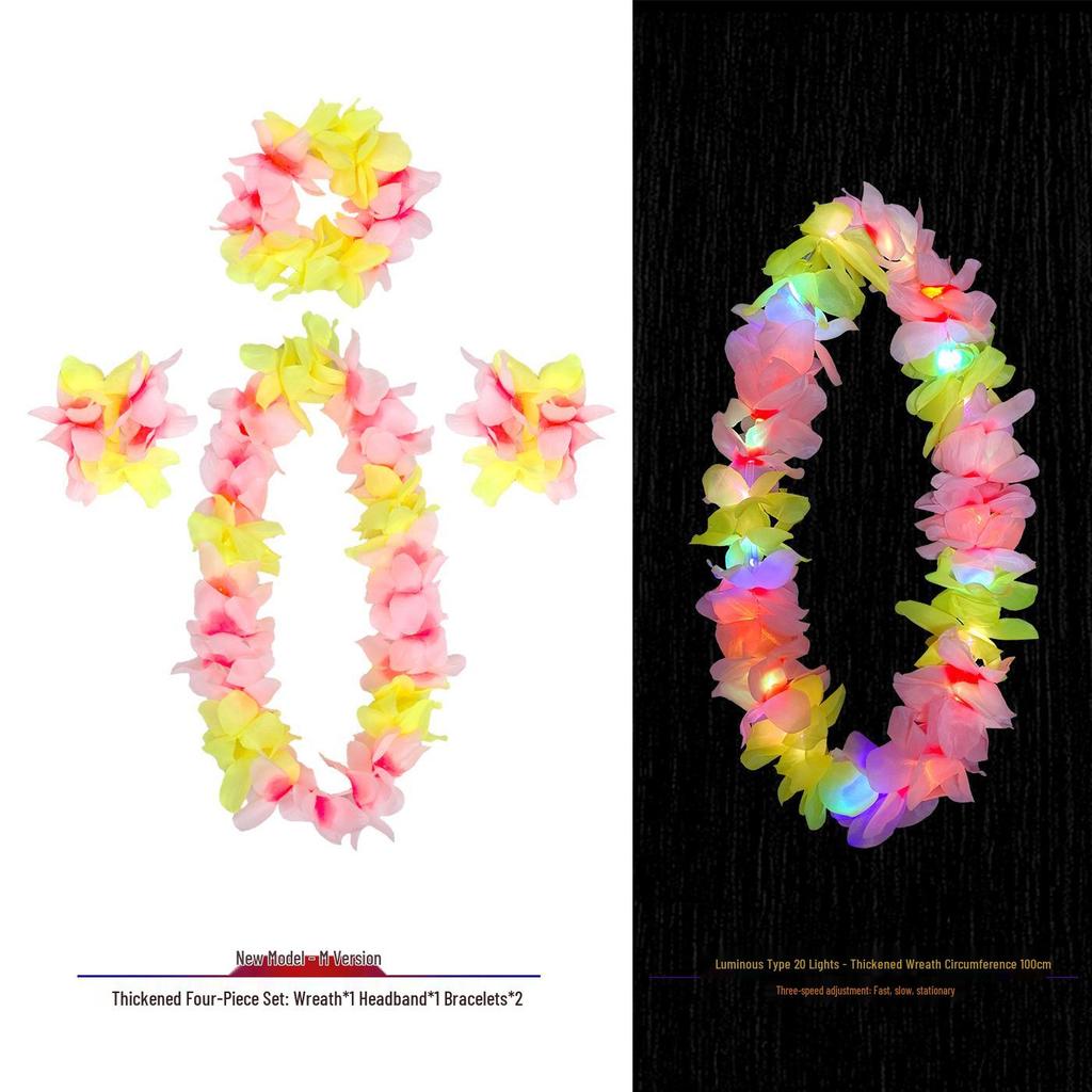 Hawaiian Luminous Flower Garland & Hula Skirt Set - Summer Costume Accessories for Annual Stage Events