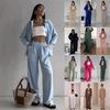 Women's Loose Fit Two Piece Matching Suit Long Sleeve Open Front Shirt Elastic Waist Wide Leg Pants Solid Color Casual Loungewear Outfit Set