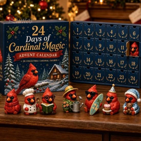 Christmas Desk Decor Red Bird Advent Calendar, 24 Unique Miniature Holiday Ornament Set Figurines, Tree Hanging Ornaments for Gifts Parent Child