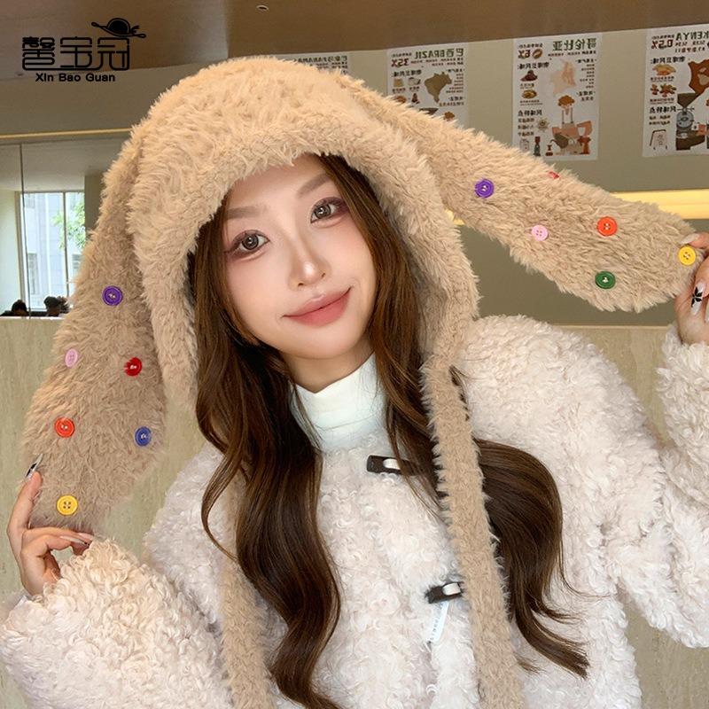 Winter outdoor thermal hat children plush cartoon cute rabbit ears cold protection ear protection knitted pullover hat tide