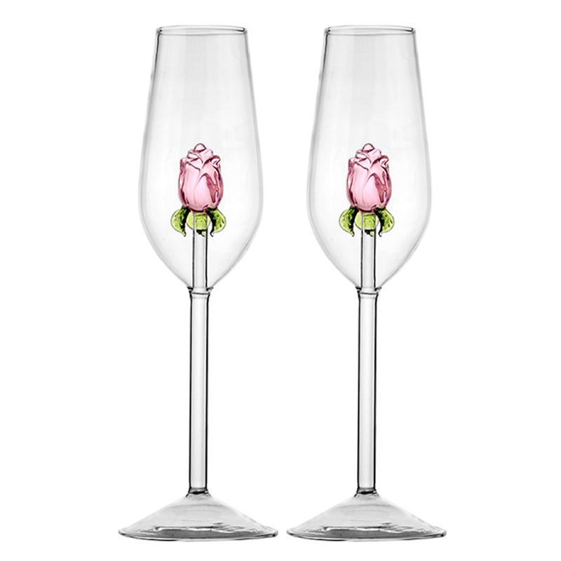 1/2Pcs Creative 3D Rose Red Wine Glasses,Pink Rose Build-In Goblet for Restaurants Parties Bar,Clear Glass Cup Valentine Gifts