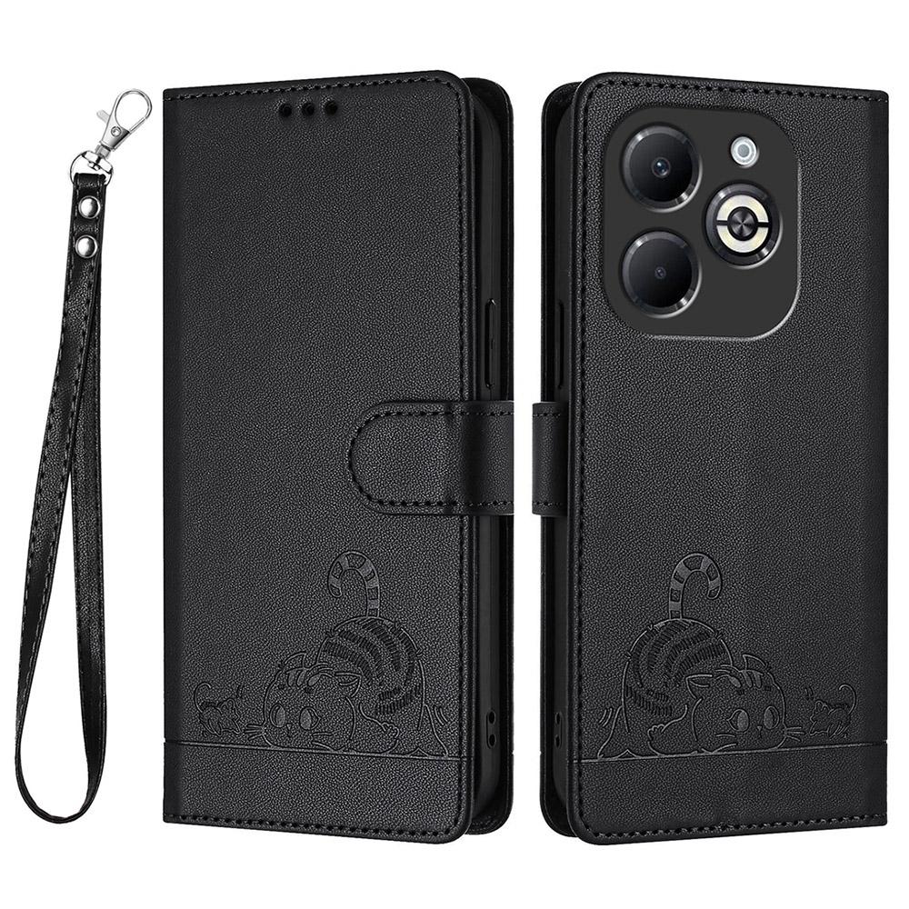 

For Infinix Smart 8 Plus/Smart 8 Pro 4G Case with Strap RFID Blocking Leather Wallet Phone Cover Cat Mouse Pattern Black