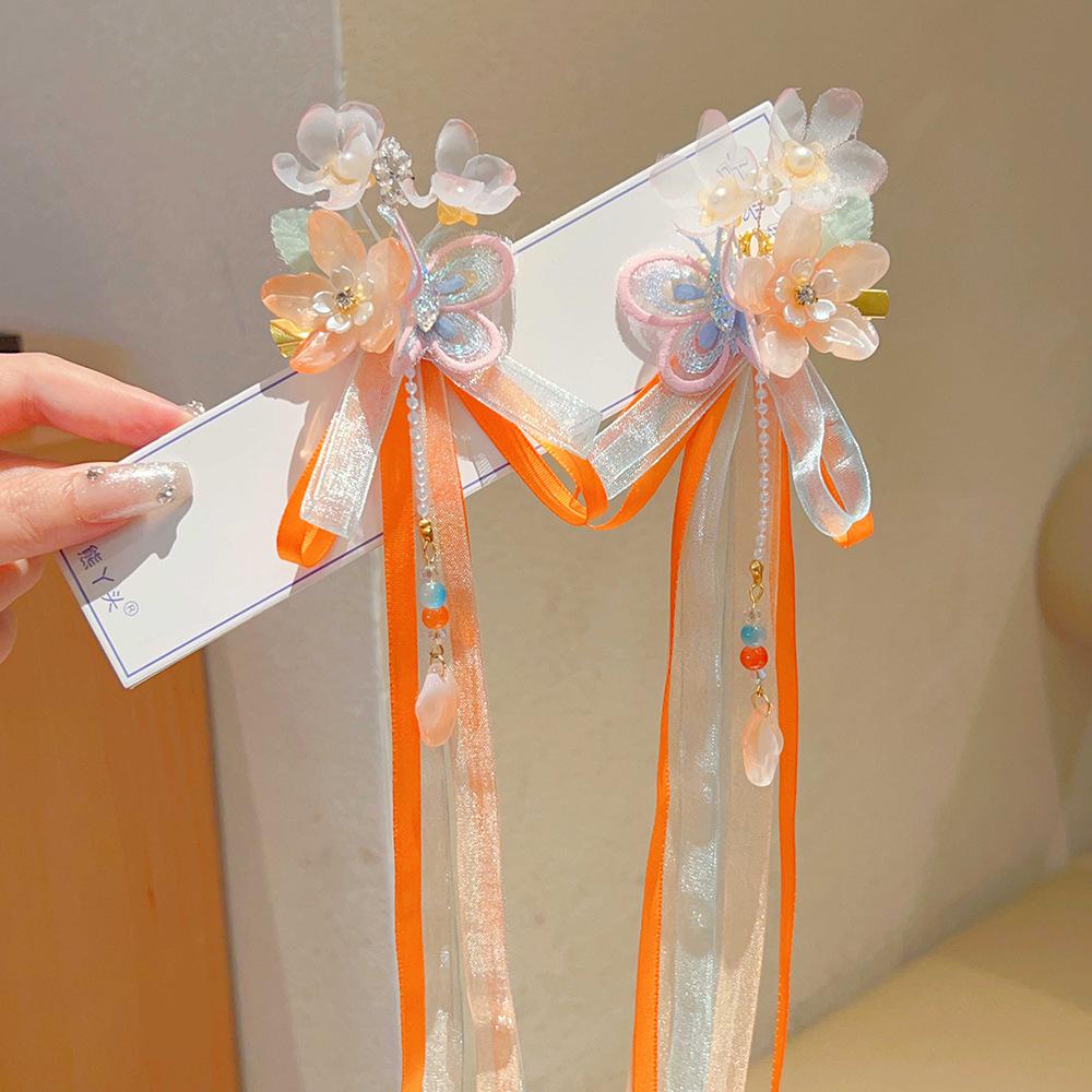 Ancient Style Hanfu Princess Butterfly Hair Clips with Long Ribbons - Children's Chinese Fairy Hair Accessories (Pair)