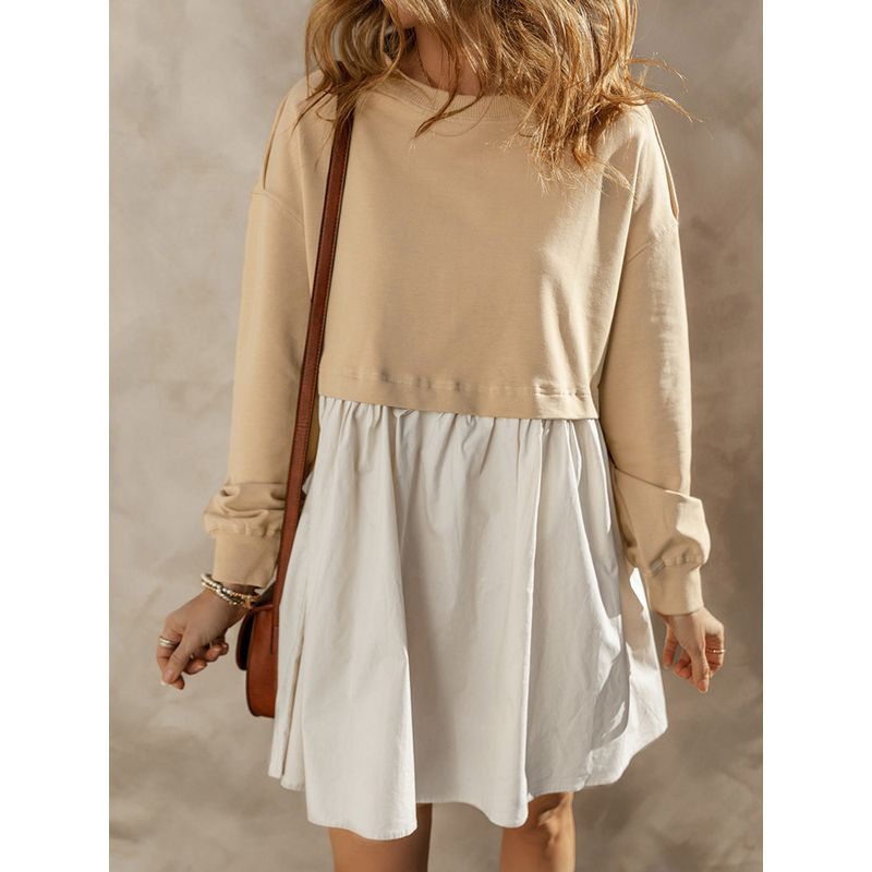 Autumn and Winter New Arrival Contrast Color Heterogeneous Patchwork Long Sleeves Dress Women European and American Leisure Loose Pleated Skirt Women