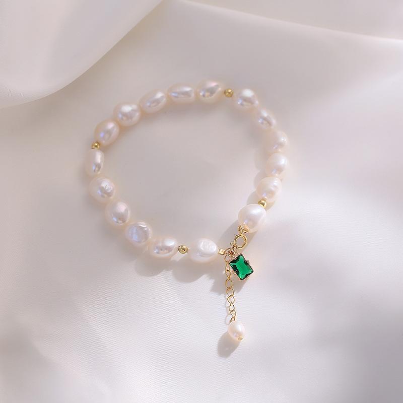 Special-Shaped Baroque Freshwater Pearl Emerald Square Pendant Bracelet Women'S Light Luxury Temperament Small Fresh Bracelet