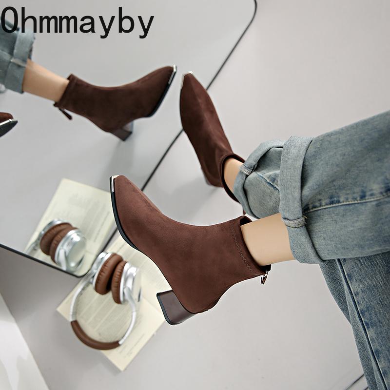 Autumn Winter Design Women Ankle Boots Sexy Thick High Heels Metal Pointed Toe Shoes Modern Short Botas Para Mujer