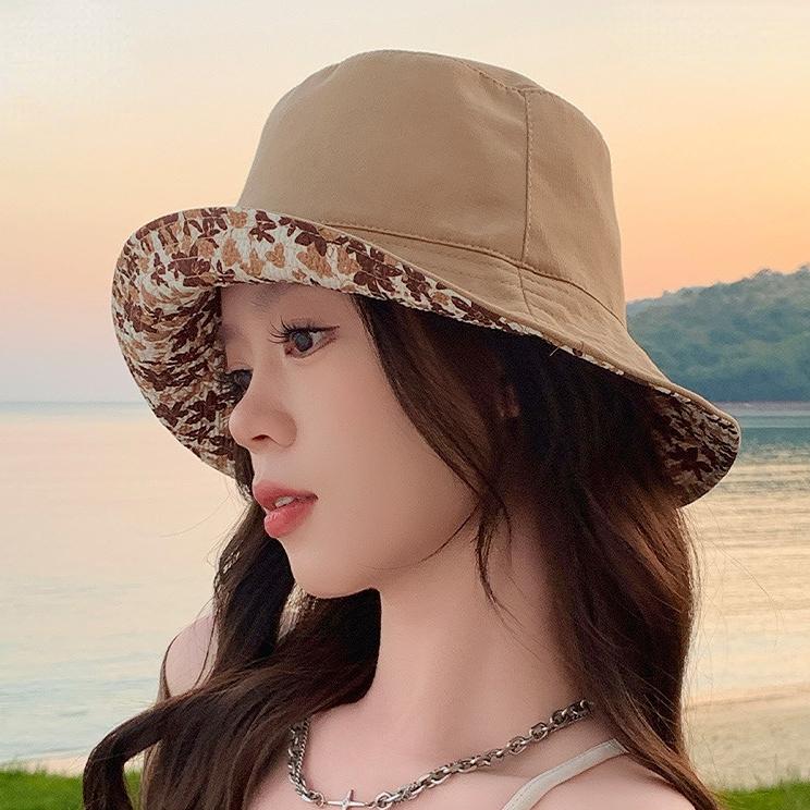 Korean Spring Summer New Double-Sided Floral Print Fisherman Hat Women's Casual Oversize Face Covering Sun Protection Bucket Hat