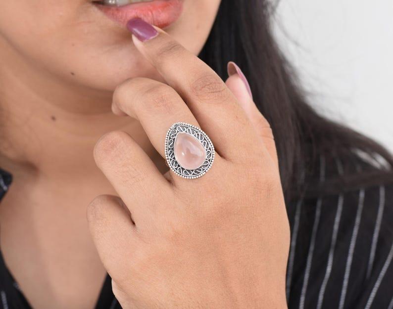 Solid 925 Sterling Silver Rose Quartz Gemstone Handmade Boho Designer Partywear Women Ring Jewelry