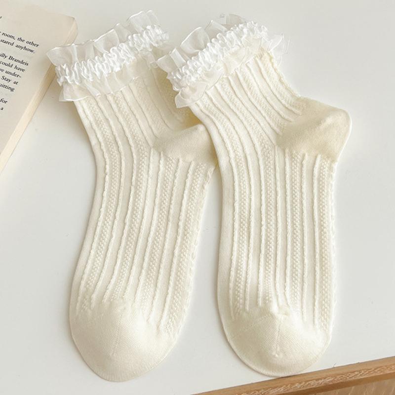 

Молочно-белые носки с кружевом-бантом для женщин, милые носки в стиле лолита, японские носки Jk с кружевом, впитывающие пот носки средней длины