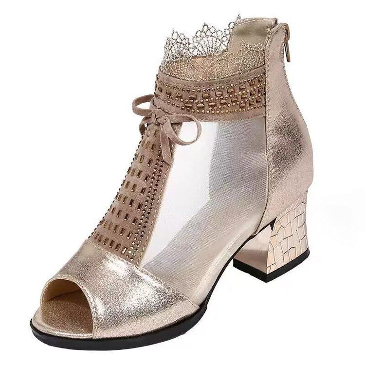 New Chinese Fish Mouth Dancing Shoes Women's Thick Heel Non-slip Quality Mesh Sandals 2026 Summer New Thick Heel Hollow Mesh Boots