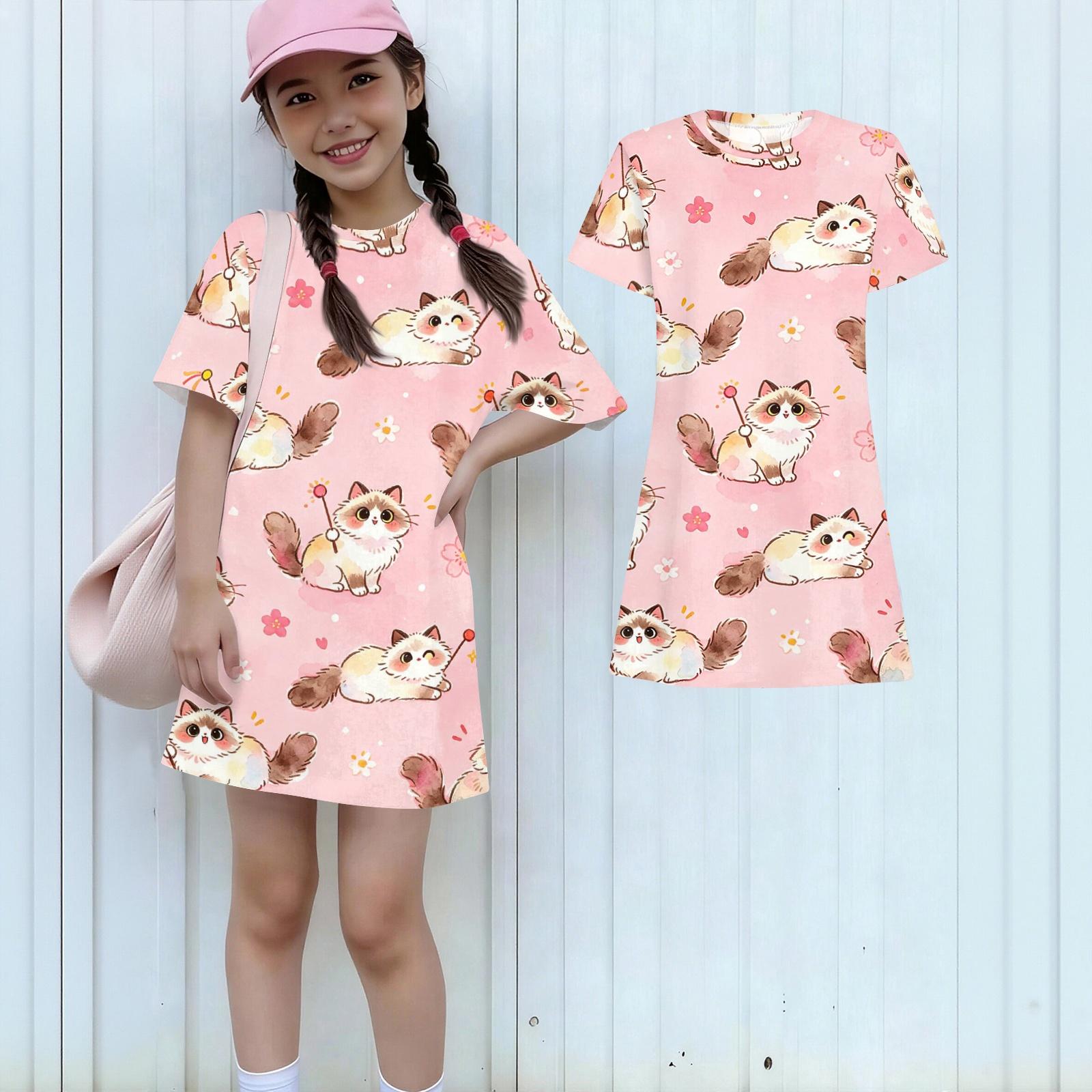 

Girls Loose Fit Short Sleeve Dress Round Neck Lightweight Casual Dress with Animal Print Suitable for Everyday Wear and Outdoor Activities 100 розовый