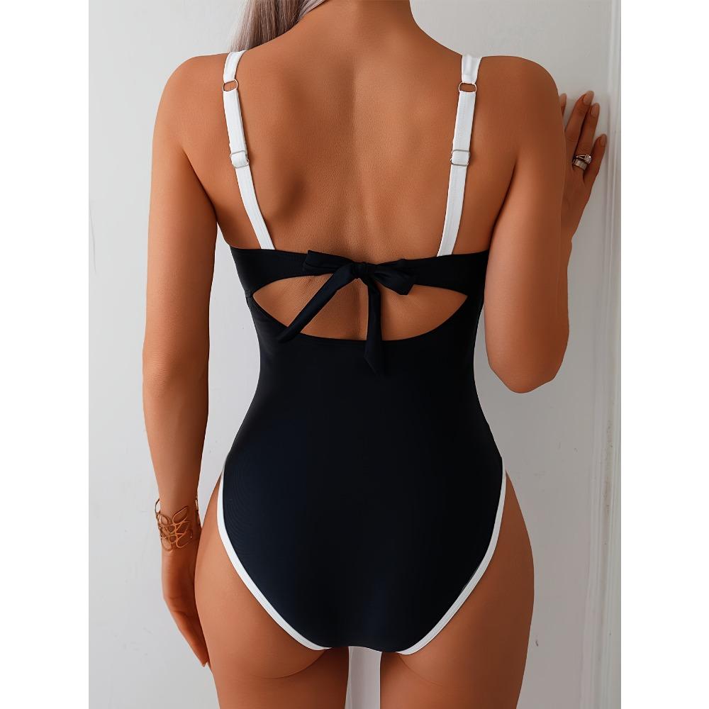Kadın Tek Parça Mayo - Yüksek Esneklik Sırtı Açık Siyah & Beyaz Kontrast Bel, Rahat Oturuş için Şık Çapraz Askılar, Pürüzsüz Doku