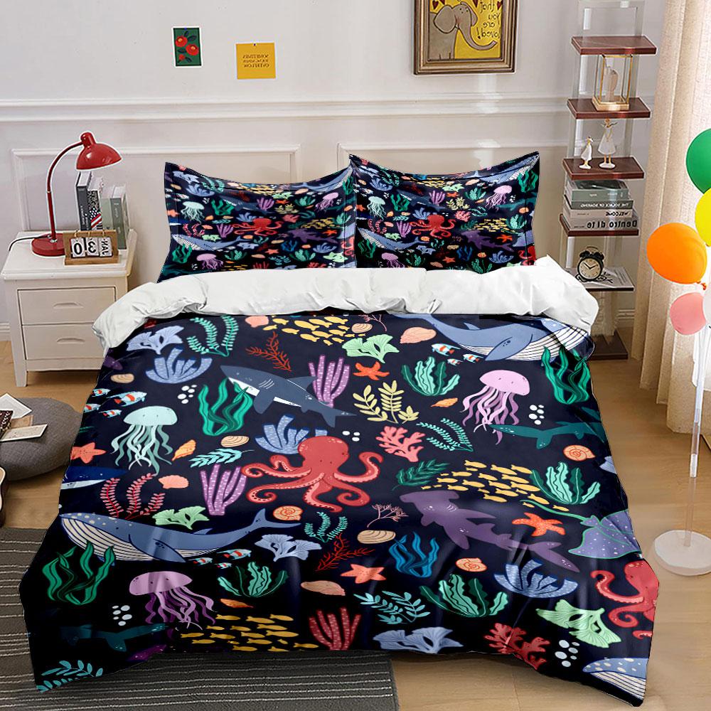 Ocean Animals and Coral Pattern Print Bedding Set 1 Duvet Cover 2 Pillowcases for Adult and Children Luxury Gift Full Size
