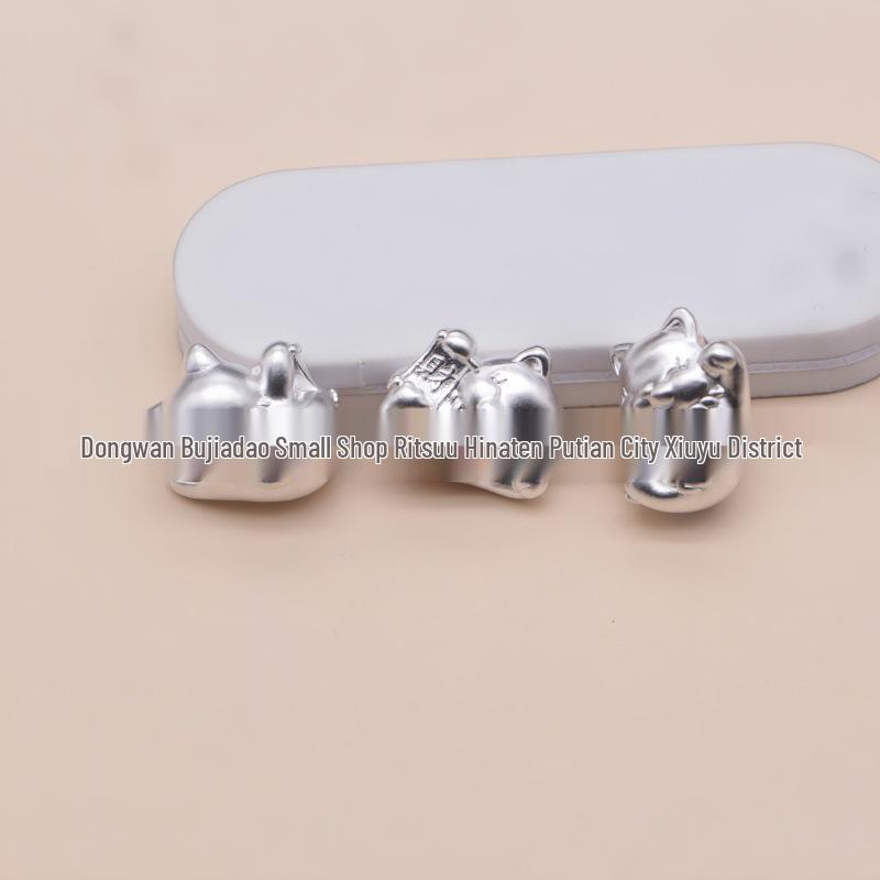 999 Sterling Silver Chinese Lucky Cat Beads for DIY Bracelets – Cartoon Style, Cross-through Design